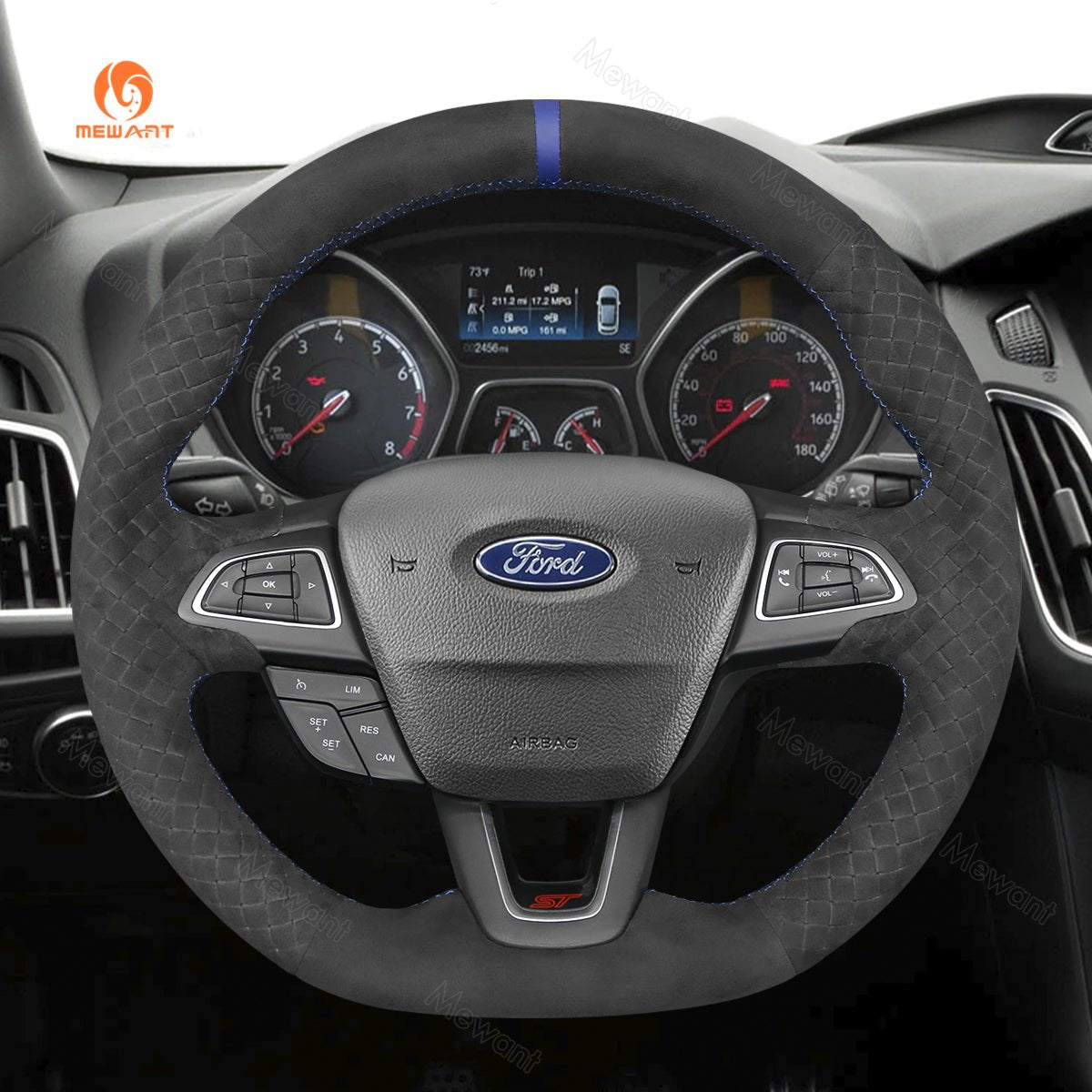 MEWANT Leather SuedeCar Steering Wheel Cover for Ford Focus ST/ Focus ST - Line/ Focus RS/ Ecosport ST - Line/ Kuga/ Escape - Alcantara, Leather, Carbon Fiber, Easy Install, Non - Slip, Best Steering Wheel Cover