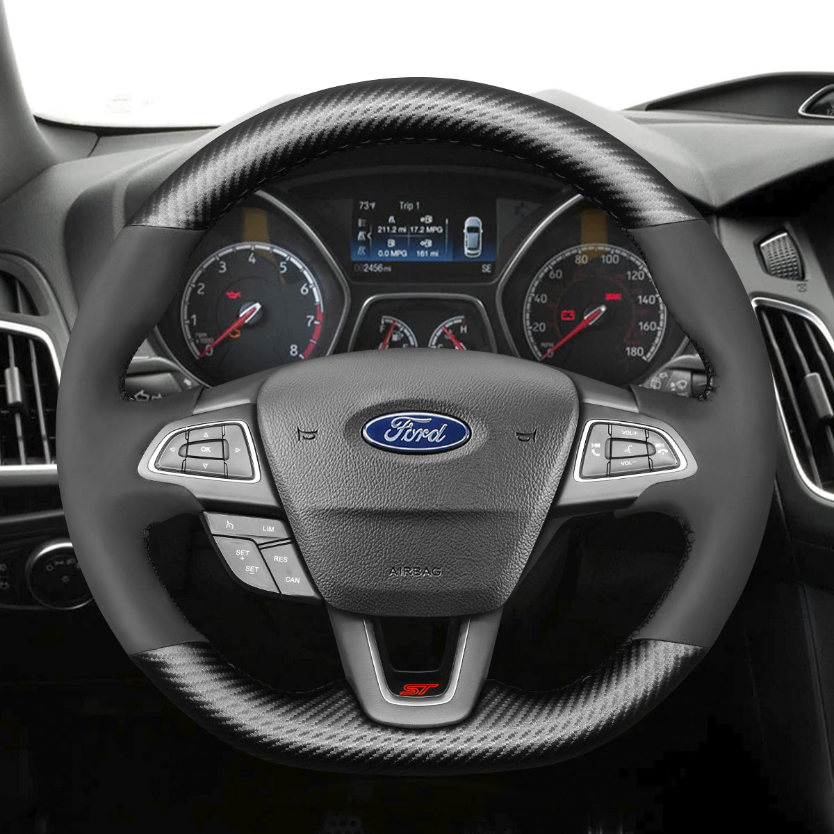 MEWANT Leather SuedeCar Steering Wheel Cover for Ford Focus ST/ Focus ST - Line/ Focus RS/ Ecosport ST - Line/ Kuga/ Escape - Alcantara, Leather, Carbon Fiber, Easy Install, Non - Slip, Best Steering Wheel Cover