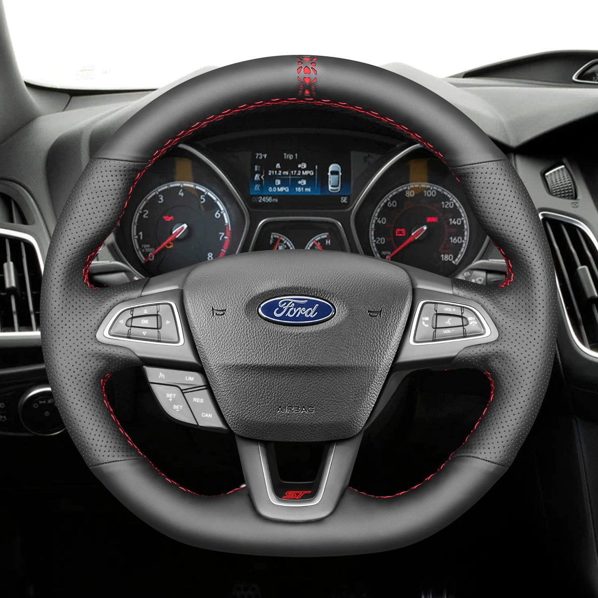 MEWANT Leather SuedeCar Steering Wheel Cover for Ford Focus ST/ Focus ST - Line/ Focus RS/ Ecosport ST - Line/ Kuga/ Escape - Alcantara, Leather, Carbon Fiber, Easy Install, Non - Slip, Best Steering Wheel Cover