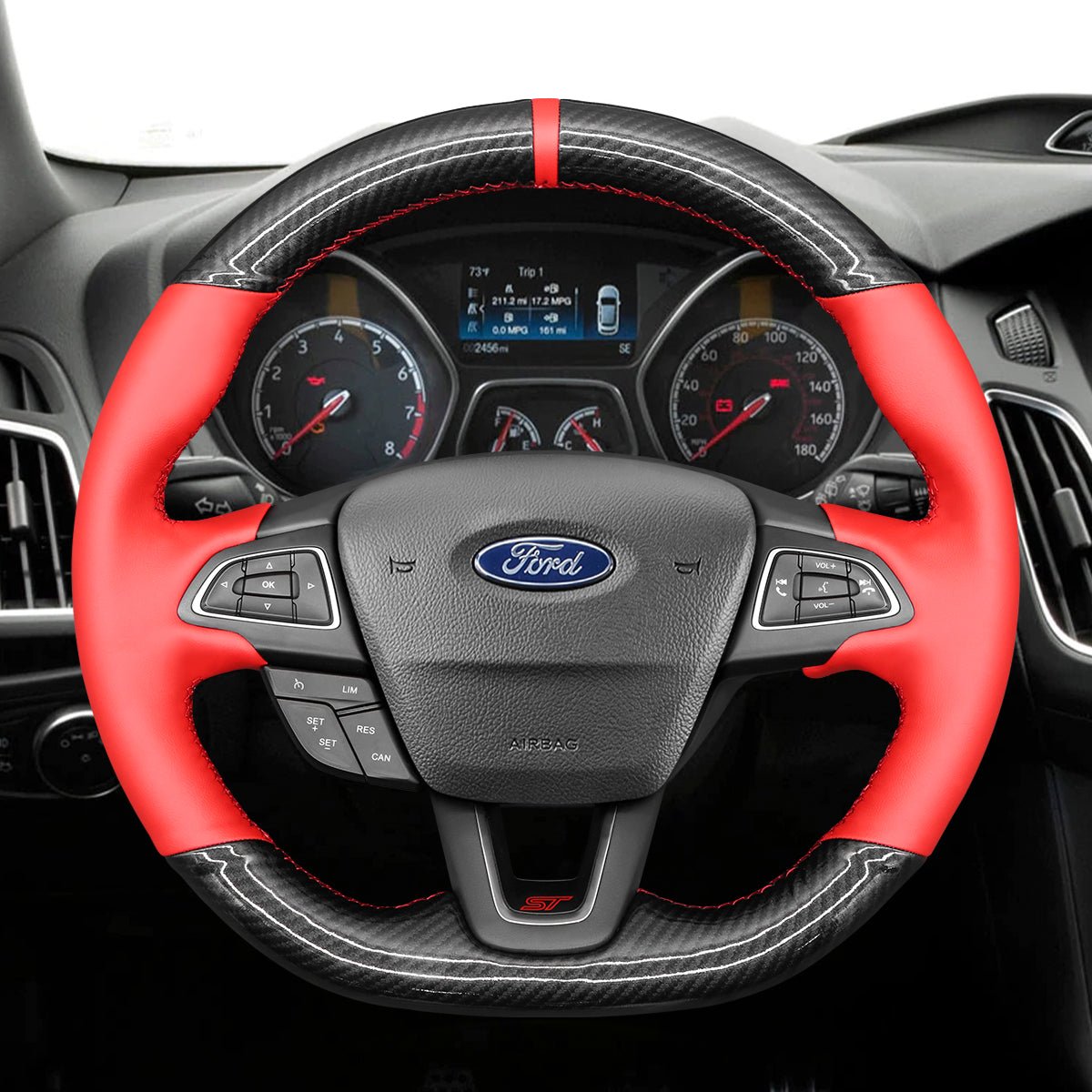 MEWANT Leather SuedeCar Steering Wheel Cover for Ford Focus ST/ Focus ST - Line/ Focus RS/ Ecosport ST - Line/ Kuga/ Escape - Alcantara, Leather, Carbon Fiber, Easy Install, Non - Slip, Best Steering Wheel Cover