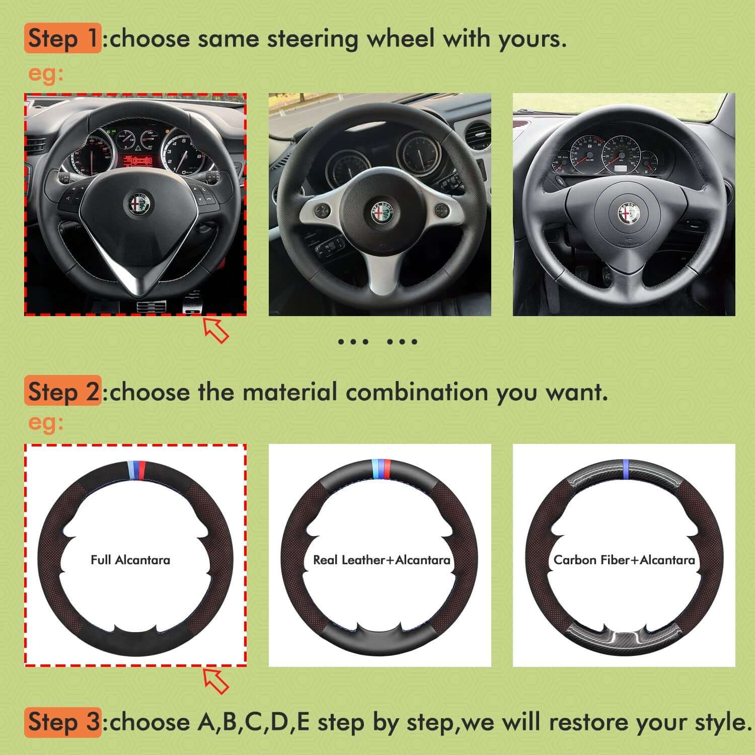 Mewant Mesh Alcantara DIY Customize Style - For Alfa Series - Alcantara, Leather, Carbon Fiber, Easy Install, Non - Slip, Best Steering Wheel Cover