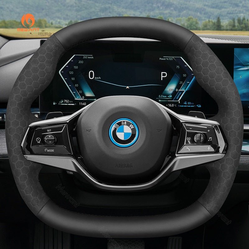MEWANT Real Leather Car Steering Wheel Cover for BMW 5 Series G60 (Sedan)/ i5 G60/ G61 (Touring)/ i5 G60 (Sedan)/ G61 (Touring)/ G60 (Saloon)/ G61 (Estate) - Alcantara, Leather, Carbon Fiber, Easy Install, Non - Slip, Best Steering Wheel Cover