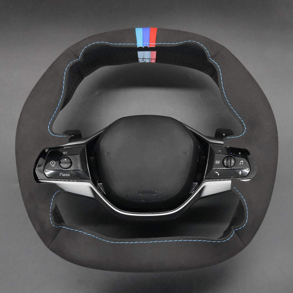 MEWANT Real Leather Car Steering Wheel Cover for BMW 5 Series G60 (Sedan)/ i5 G60/ G61 (Touring)/ i5 G60 (Sedan)/ G61 (Touring)/ G60 (Saloon)/ G61 (Estate) - Alcantara, Leather, Carbon Fiber, Easy Install, Non - Slip, Best Steering Wheel Cover