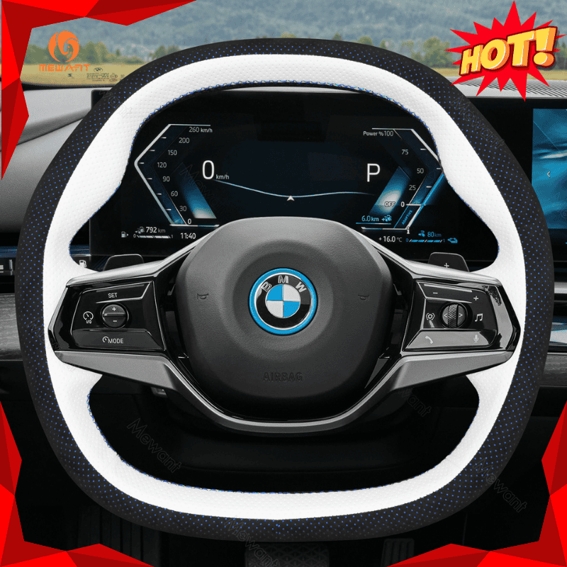 MEWANT Real Leather Car Steering Wheel Cover for BMW 5 Series G60 (Sedan)/ i5 G60/ G61 (Touring)/ i5 G60 (Sedan)/ G61 (Touring)/ G60 (Saloon)/ G61 (Estate) - Alcantara, Leather, Carbon Fiber, Easy Install, Non - Slip, Best Steering Wheel Cover