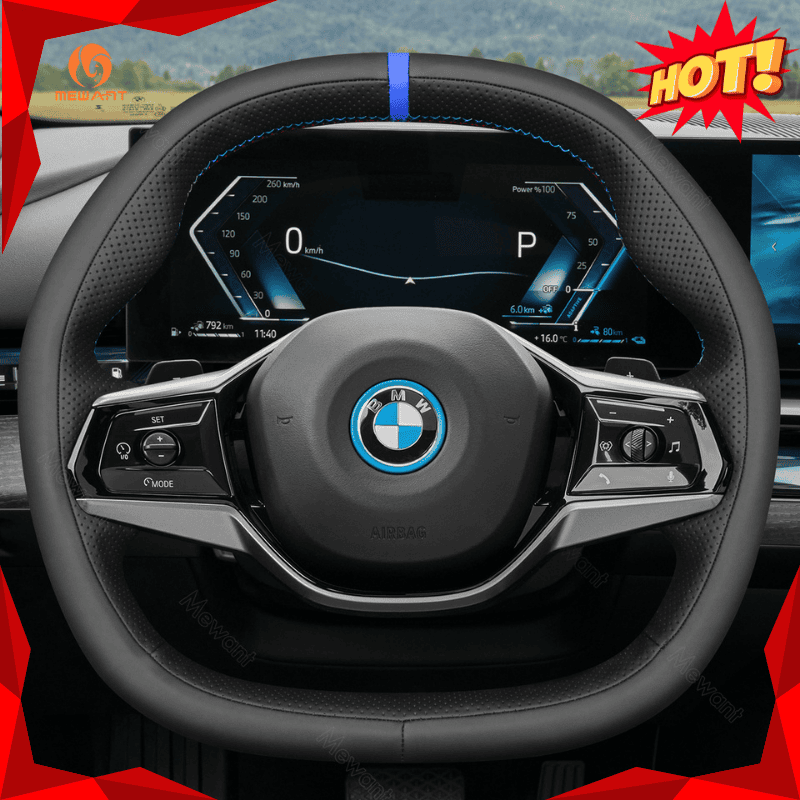 MEWANT Real Leather Car Steering Wheel Cover for BMW 5 Series G60 (Sedan)/ i5 G60/ G61 (Touring)/ i5 G60 (Sedan)/ G61 (Touring)/ G60 (Saloon)/ G61 (Estate) - Alcantara, Leather, Carbon Fiber, Easy Install, Non - Slip, Best Steering Wheel Cover