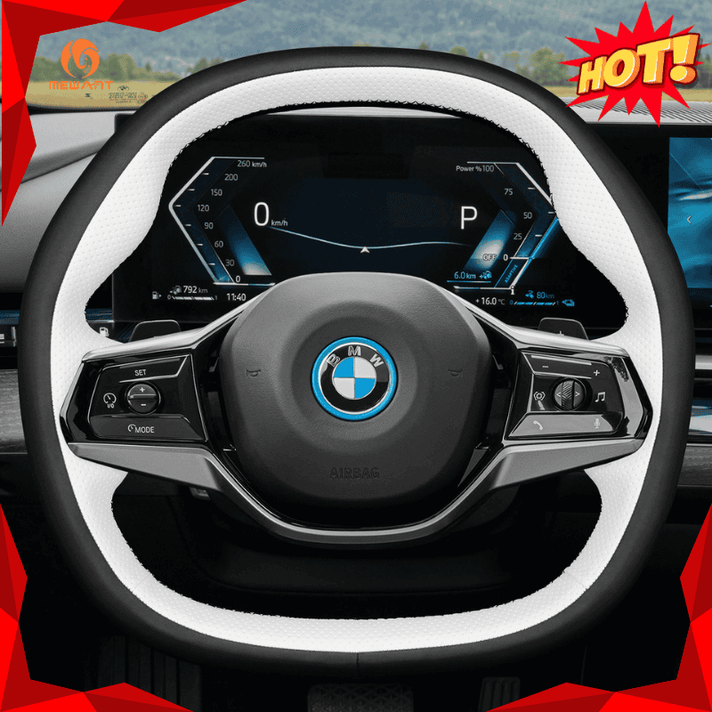 MEWANT Real Leather Car Steering Wheel Cover for BMW 5 Series G60 (Sedan)/ i5 G60/ G61 (Touring)/ i5 G60 (Sedan)/ G61 (Touring)/ G60 (Saloon)/ G61 (Estate) - Alcantara, Leather, Carbon Fiber, Easy Install, Non - Slip, Best Steering Wheel Cover