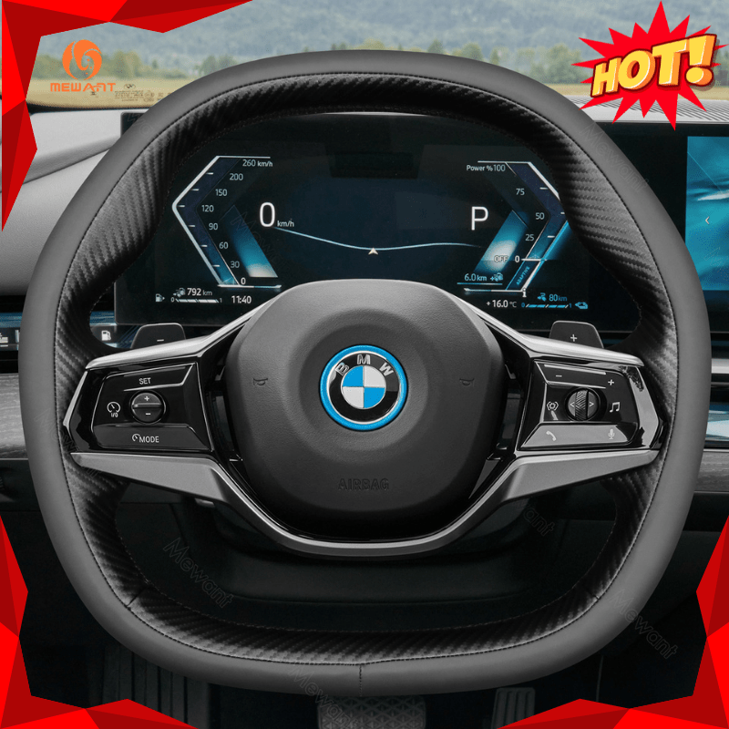 MEWANT Real Leather Car Steering Wheel Cover for BMW 5 Series G60 (Sedan)/ i5 G60/ G61 (Touring)/ i5 G60 (Sedan)/ G61 (Touring)/ G60 (Saloon)/ G61 (Estate) - Alcantara, Leather, Carbon Fiber, Easy Install, Non - Slip, Best Steering Wheel Cover