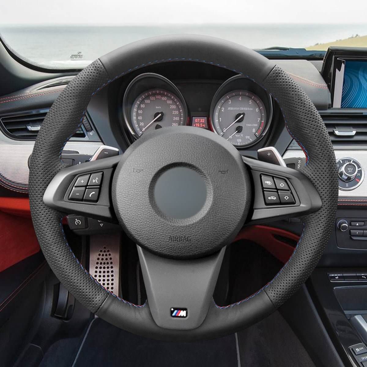 MEWANT Real Leather Car Steering Wheel Cover for BMW Z4 M E89 2009 - 2016 - Alcantara, Leather, Carbon Fiber, Easy Install, Non - Slip, Best Steering Wheel Cover