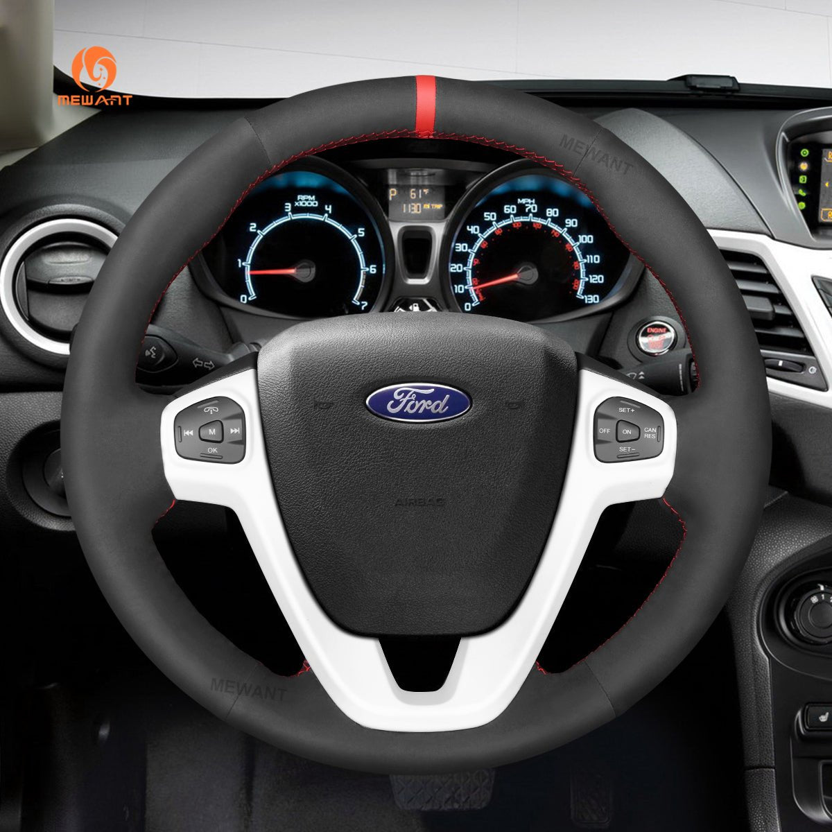 MEWANT Real Leather Suede Car Steering Wheel Cover for Ford Fiesta 2011 - 2019 - Alcantara, Leather, Carbon Fiber, Easy Install, Non - Slip, Best Steering Wheel Cover