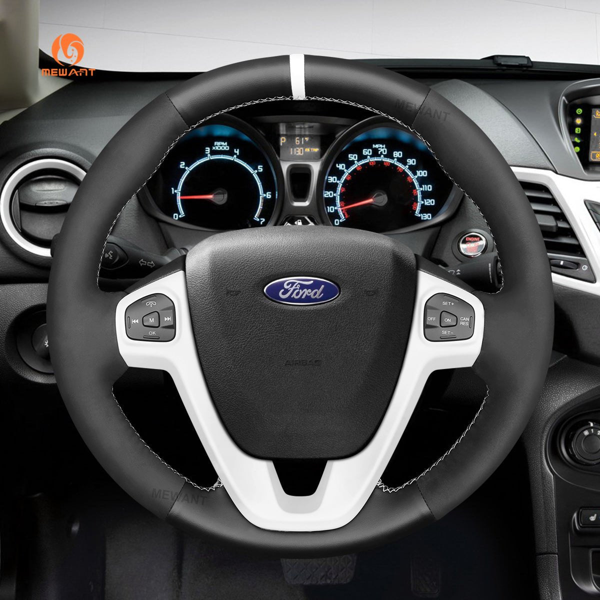 MEWANT Real Leather Suede Car Steering Wheel Cover for Ford Fiesta 2011 - 2019 - Alcantara, Leather, Carbon Fiber, Easy Install, Non - Slip, Best Steering Wheel Cover