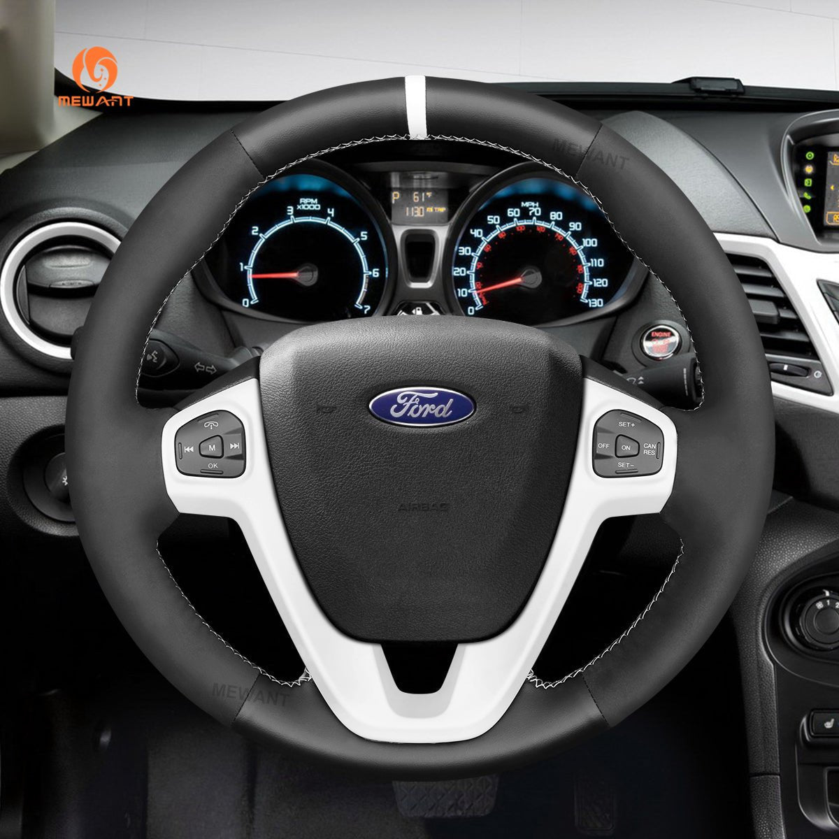 MEWANT Real Leather Suede Car Steering Wheel Cover for Ford Fiesta 2011 - 2019 - Alcantara, Leather, Carbon Fiber, Easy Install, Non - Slip, Best Steering Wheel Cover