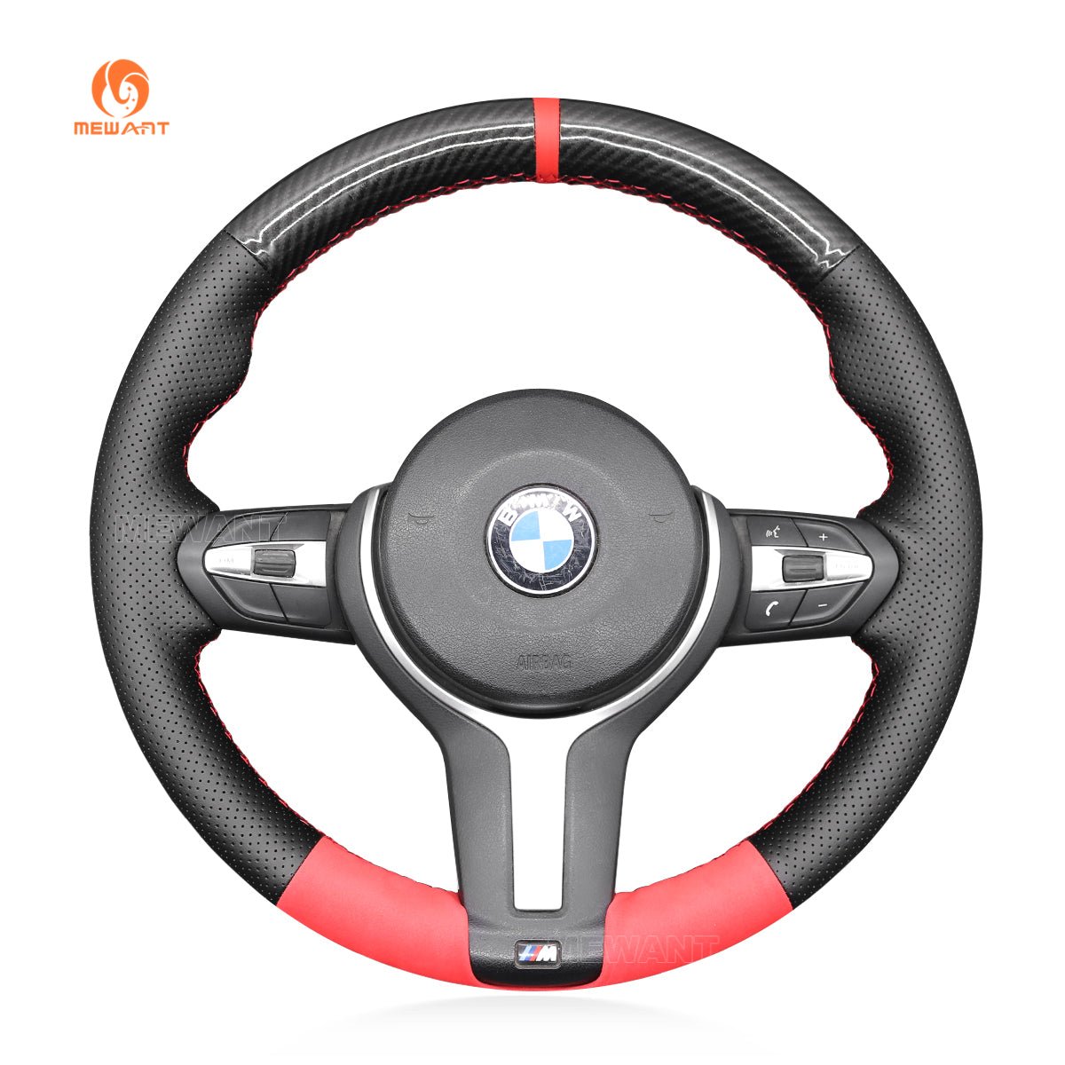 MEWANT Red Carbon Fiber Black Leather Car Steering Wheel Cover for BMW M Sport F30 F31 F34 F10 F11 F07 / F12 F13 F06 X3 F25 X4 F26 X5 F15 - Alcantara, Leather, Carbon Fiber, Easy Install, Non - Slip, Best Steering Wheel Cover