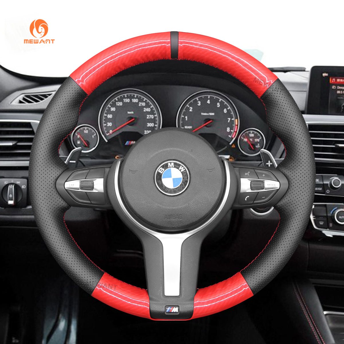 MEWANT Red Carbon Fiber Black Leather Car Steering Wheel Cover for BMW M Sport F30 F31 F34 F10 F11 F07 / F12 F13 F06 X3 F25 X4 F26 X5 F15 - Alcantara, Leather, Carbon Fiber, Easy Install, Non - Slip, Best Steering Wheel Cover