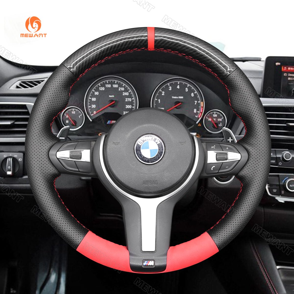 MEWANT Red Carbon Fiber Black Leather Car Steering Wheel Cover for BMW M Sport F30 F31 F34 F10 F11 F07 / F12 F13 F06 X3 F25 X4 F26 X5 F15 - Alcantara, Leather, Carbon Fiber, Easy Install, Non - Slip, Best Steering Wheel Cover