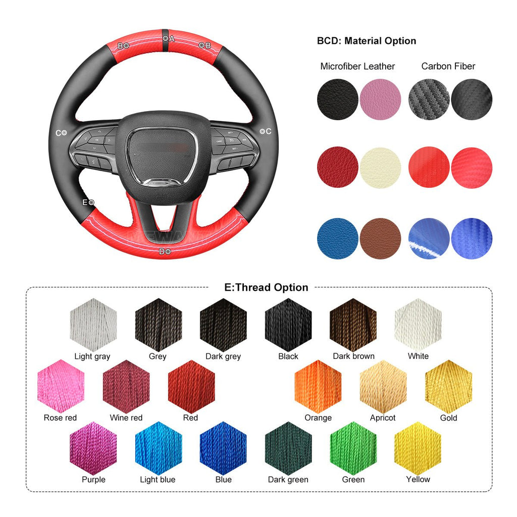 MEWANT Red Glossy Carbon Fiber Black PU Leather Car Steering Wheel Cover for Dodge Challenger Charger Durango 2018 - 2021 - Alcantara, Leather, Carbon Fiber, Easy Install, Non - Slip, Best Steering Wheel Cover