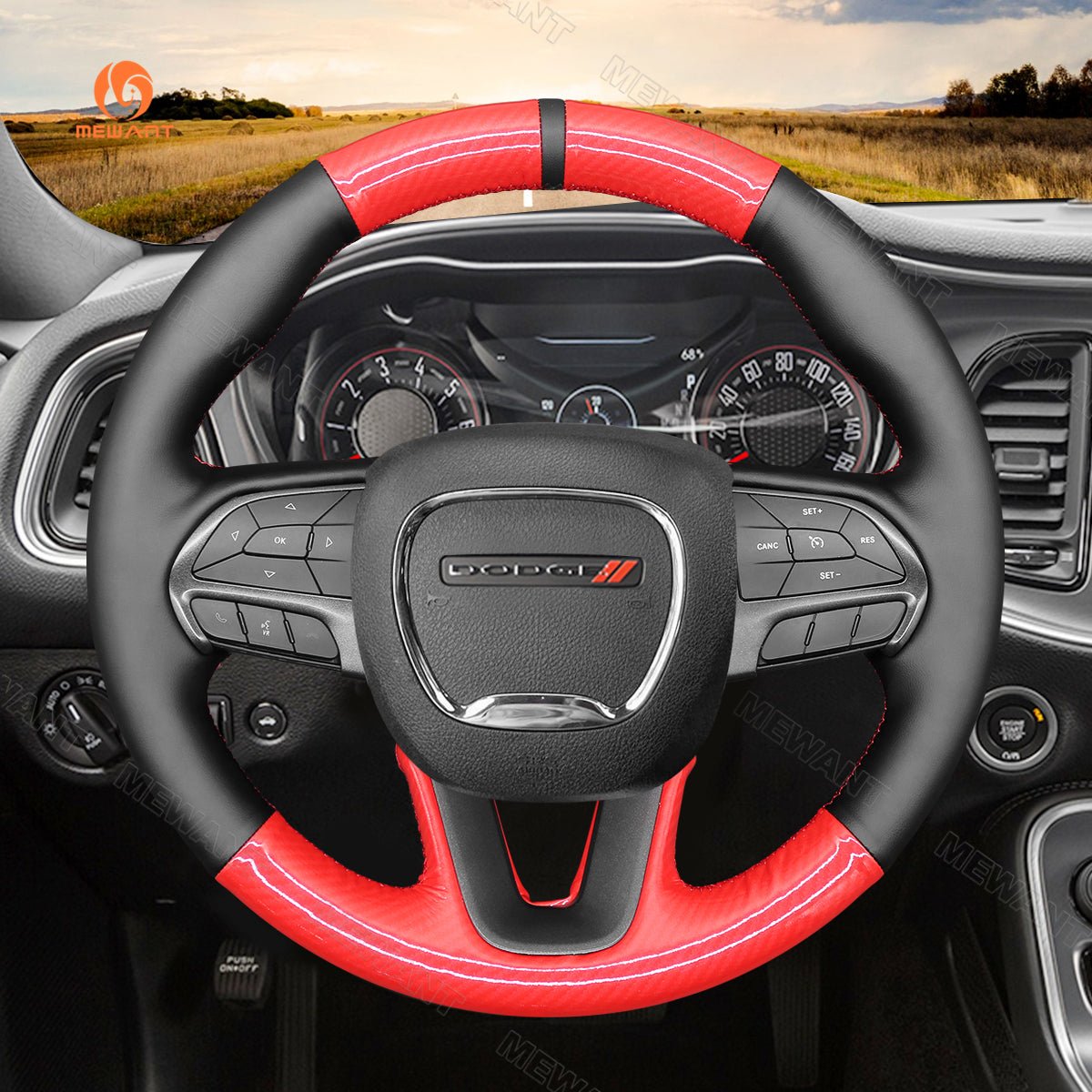 MEWANT Red Glossy Carbon Fiber Black PU Leather Car Steering Wheel Cover for Dodge Challenger Charger Durango 2018 - 2021 - Mewant Cover