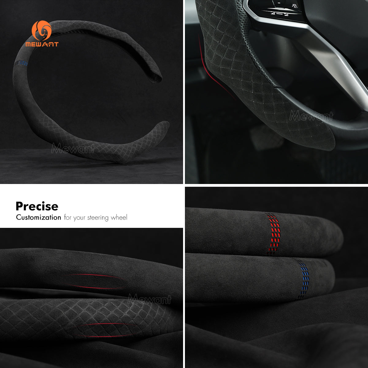 MEWANT Sport Style Universal Car Steering Wheel Cover Fit for All As Audi Subaru Mercedesbenz BMW - Alcantara, Leather, Carbon Fiber, Easy Install, Non - Slip, Best Steering Wheel Cover