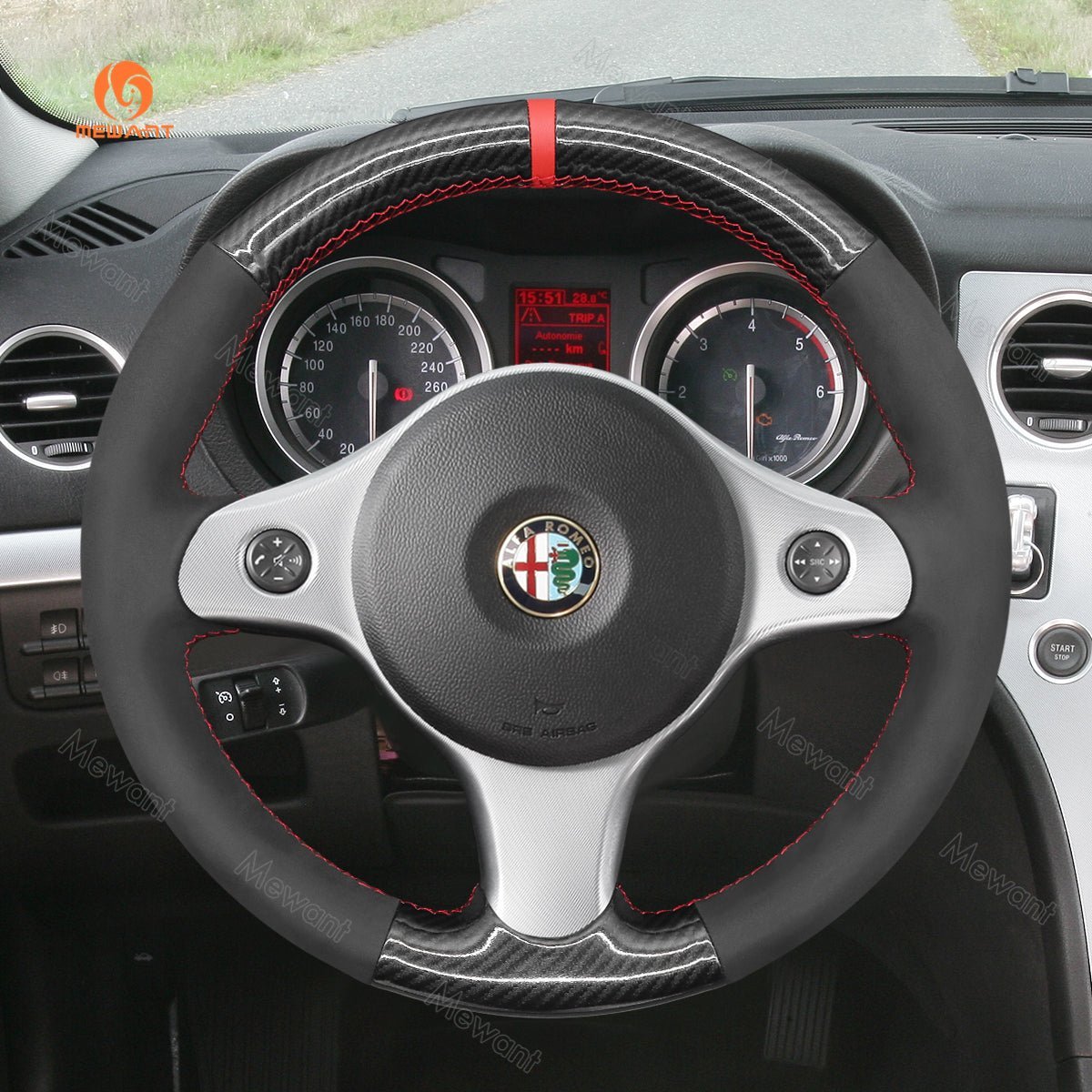 MEWANT Steering Wheel Cover for Alfa Romeo 159 2006 - 2011 - Alcantara, Leather, Carbon Fiber, Easy Install, Non - Slip, Best Steering Wheel Cover