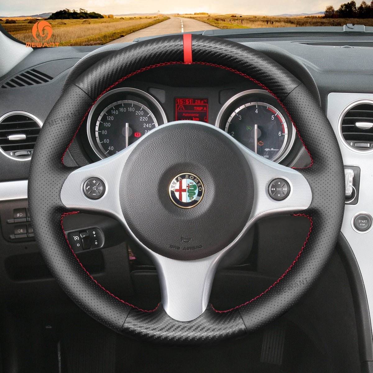 MEWANT Steering Wheel Cover for Alfa Romeo 159 2006 - 2011 - Alcantara, Leather, Carbon Fiber, Easy Install, Non - Slip, Best Steering Wheel Cover