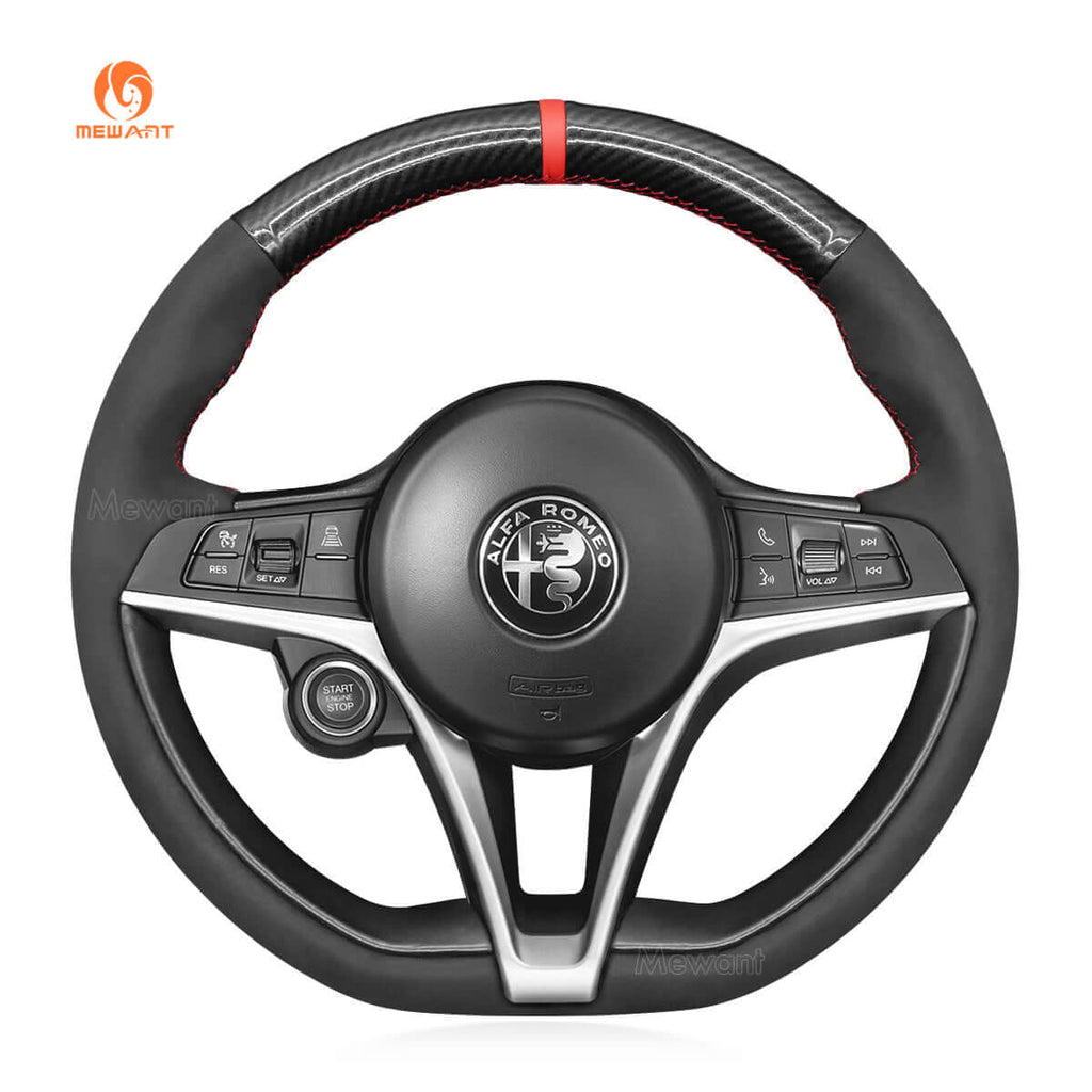 MEWANT Steering Wheel Cover for Alfa Romeo Giulia 2016 - 2020 Stelvio 2017 - 2020 - Alcantara, Leather, Carbon Fiber, Easy Install, Non - Slip, Best Steering Wheel Cover