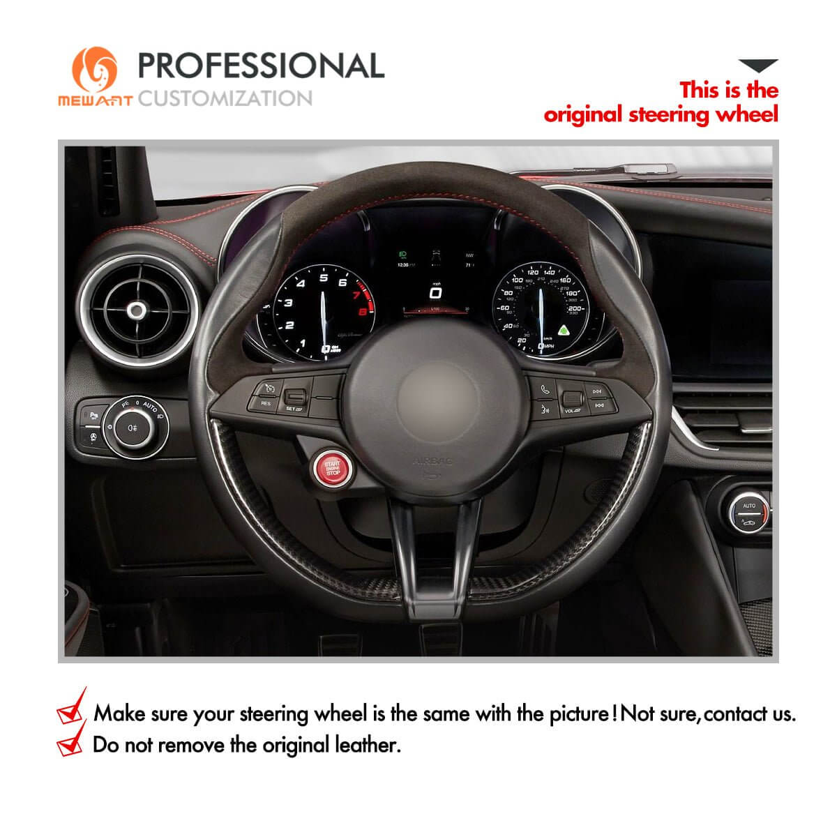 MEWANT Steering Wheel Cover for Alfa Romeo Giulia Stelvio Quadrifoglio 2016 - 2020 - Alcantara, Leather, Carbon Fiber, Easy Install, Non - Slip, Best Steering Wheel Cover