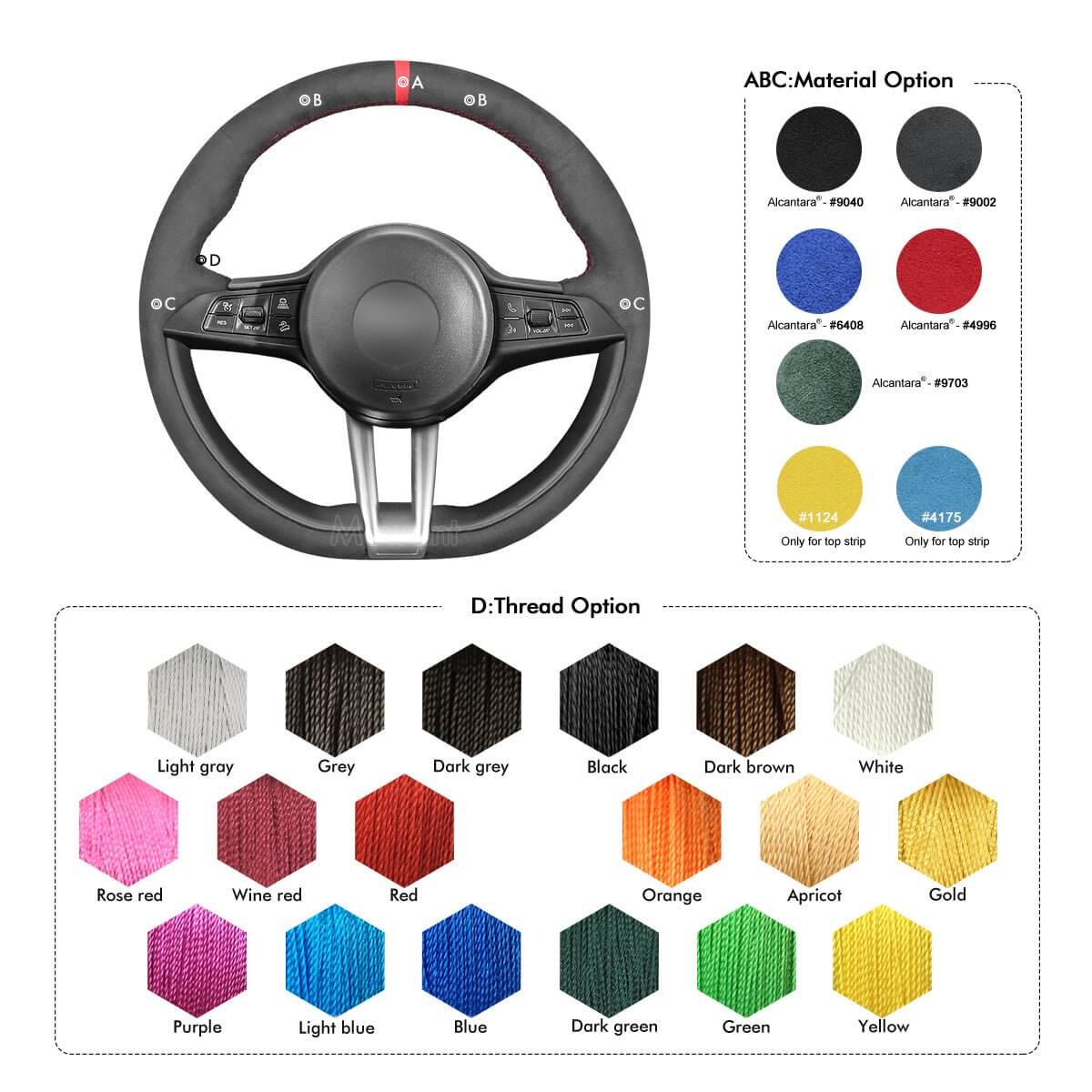 MEWANT Steering Wheel Cover for Alfa Romeo Giulia Stelvio Quadrifoglio 2016 - 2020 - Alcantara, Leather, Carbon Fiber, Easy Install, Non - Slip, Best Steering Wheel Cover