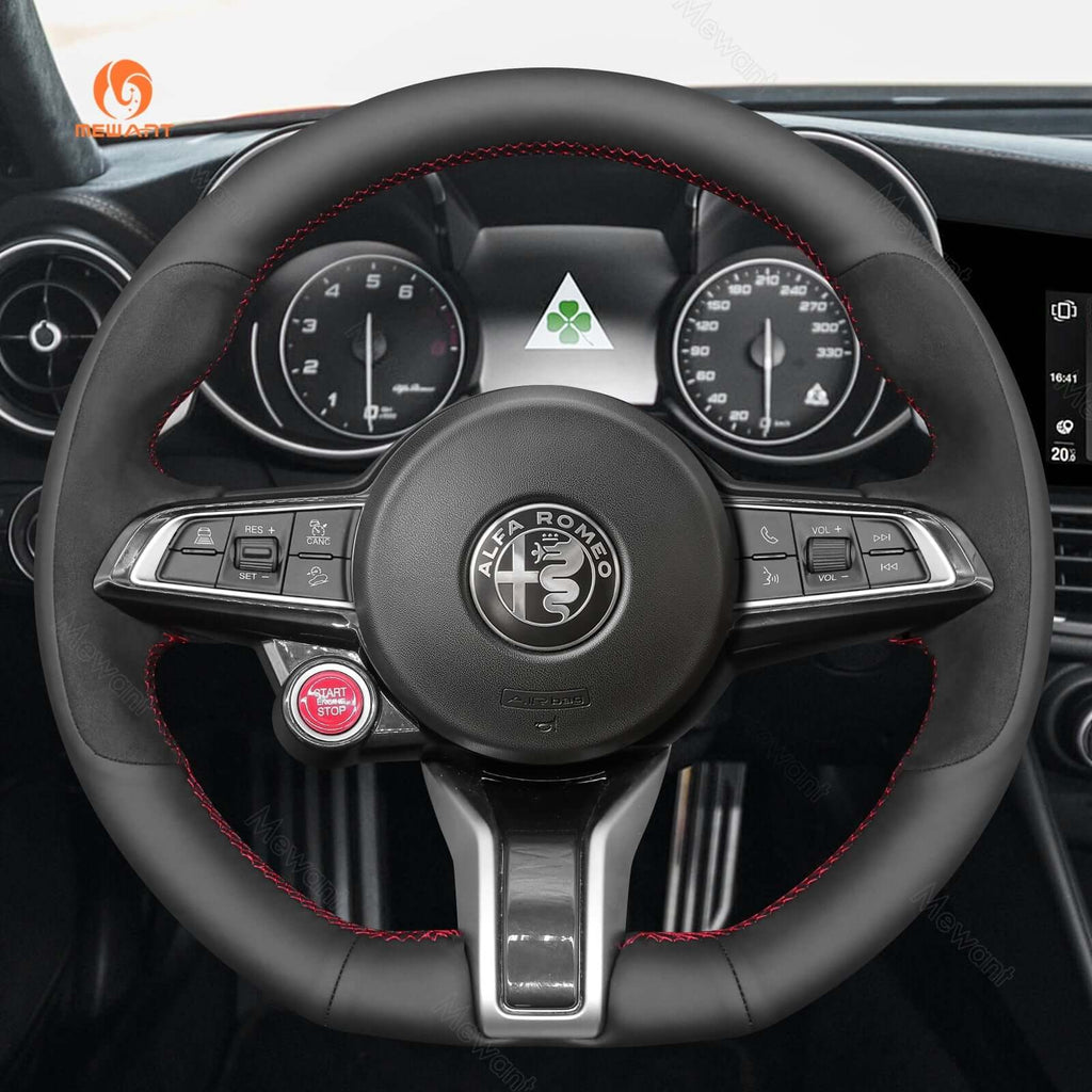 MEWANT Steering Wheel Cover for Alfa Romeo Giulia Stelvio Quadrifoglio 2020 - 2022 - Alcantara, Leather, Carbon Fiber, Easy Install, Non - Slip, Best Steering Wheel Cover