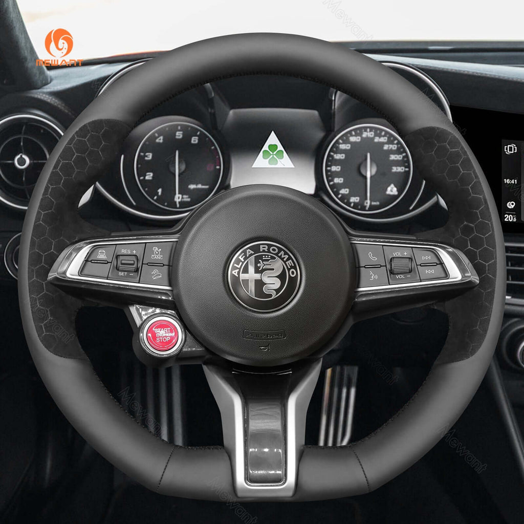 MEWANT Steering Wheel Cover for Alfa Romeo Giulia Stelvio Quadrifoglio 2020 - 2022 - Alcantara, Leather, Carbon Fiber, Easy Install, Non - Slip, Best Steering Wheel Cover