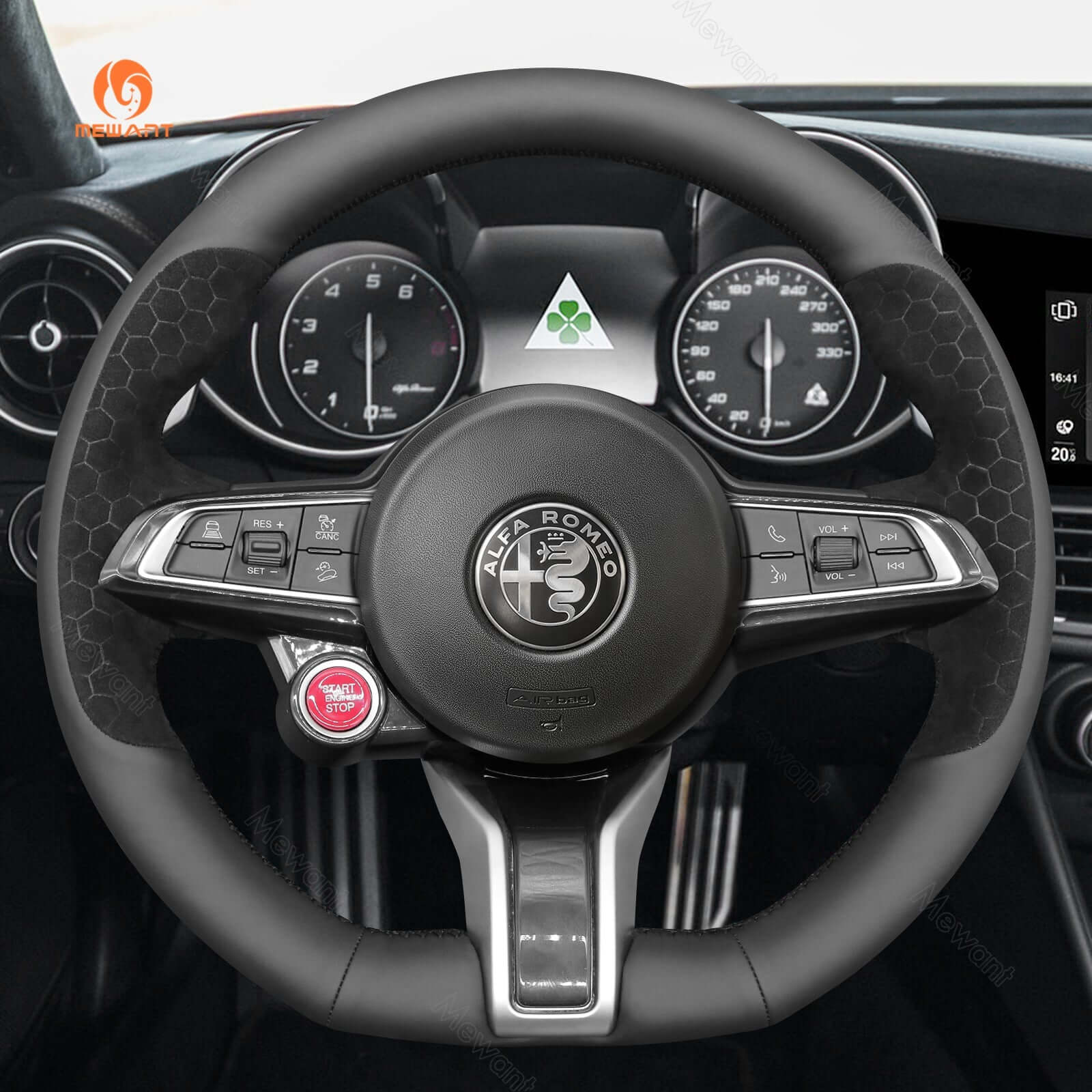 MEWANT Steering Wheel Cover for Alfa Romeo Giulia Stelvio Quadrifoglio 2020 - 2022 - Alcantara, Leather, Carbon Fiber, Easy Install, Non - Slip, Best Steering Wheel Cover