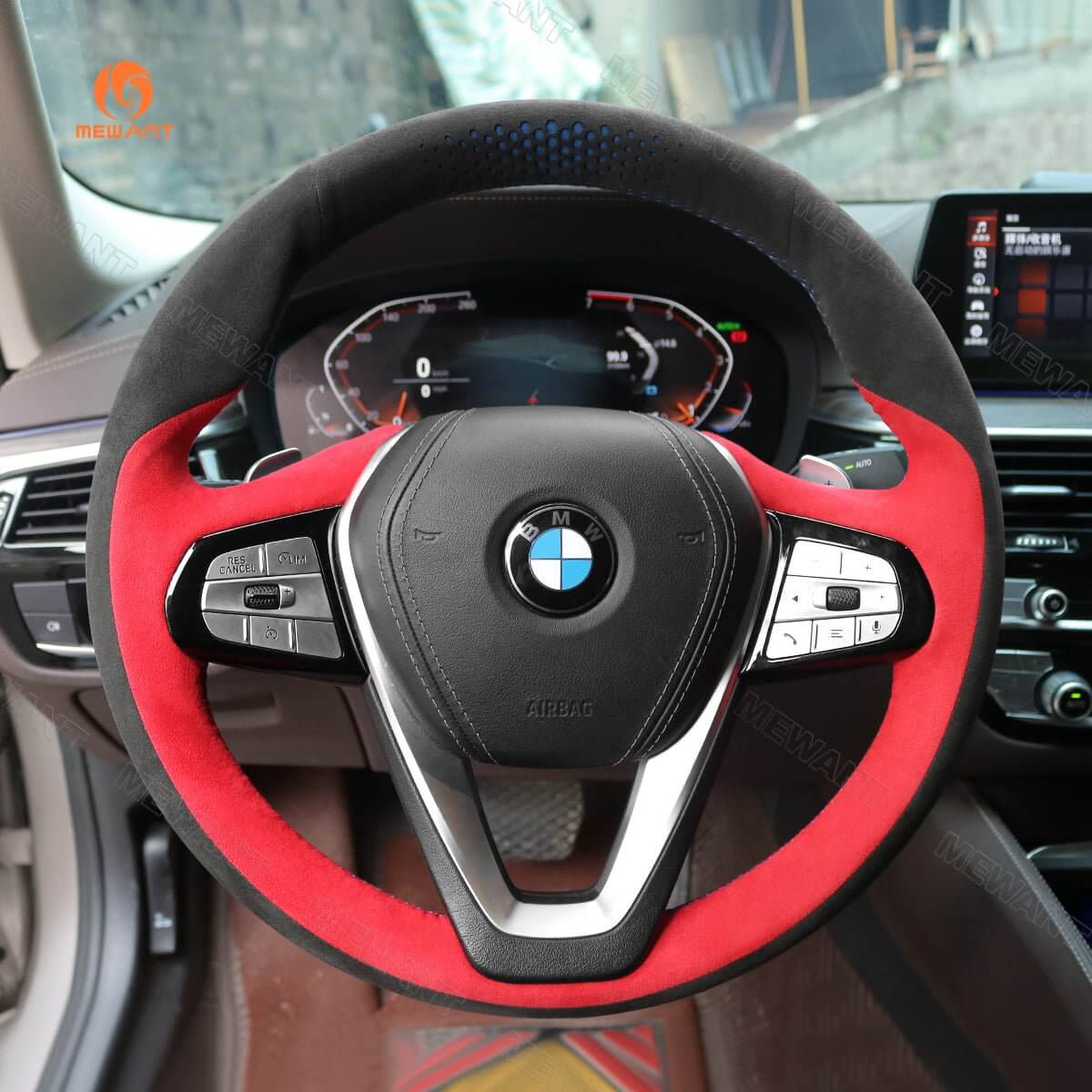 MEWANT Steering Wheel Cover for BME G20 F44 G22 G23 G26 G30 G32 G11 G14 G01 G02 G05 G06 G07 G29 2016 - 2021 - Alcantara, Leather, Carbon Fiber, Easy Install, Non - Slip, Best Steering Wheel Cover