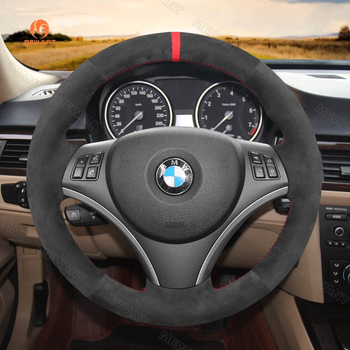 MEWANT Steering Wheel Cover for BMW 1 Series E81 E82 E87 E88 3 Series E90 E91 E92 E93 X1 E84 2004 - 2013 - Alcantara, Leather, Carbon Fiber, Easy Install, Non - Slip, Best Steering Wheel Cover