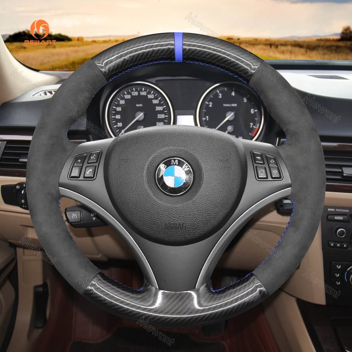 MEWANT Steering Wheel Cover for BMW 1 Series E81 E82 E87 E88 3 Series E90 E91 E92 E93 X1 E84 2004 - 2013 - Alcantara, Leather, Carbon Fiber, Easy Install, Non - Slip, Best Steering Wheel Cover