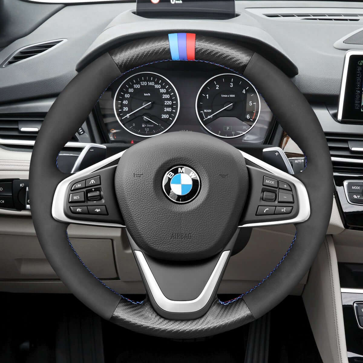 MEWANT Steering Wheel Cover for BMW 2 Series F45 F46 X1 F48 X2 F39 2014 - 2021 - Alcantara, Leather, Carbon Fiber, Easy Install, Non - Slip, Best Steering Wheel Cover