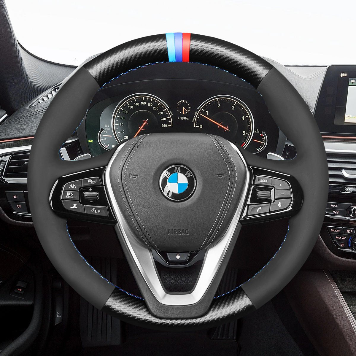 MEWANT Steering Wheel Cover for BMW G20 F44 G22 G23 G26 G30 G32 G11 G14 G01 G02 G05 G06 G07 G29 2019 - 2021 - Alcantara, Leather, Carbon Fiber, Easy Install, Non - Slip, Best Steering Wheel Cover
