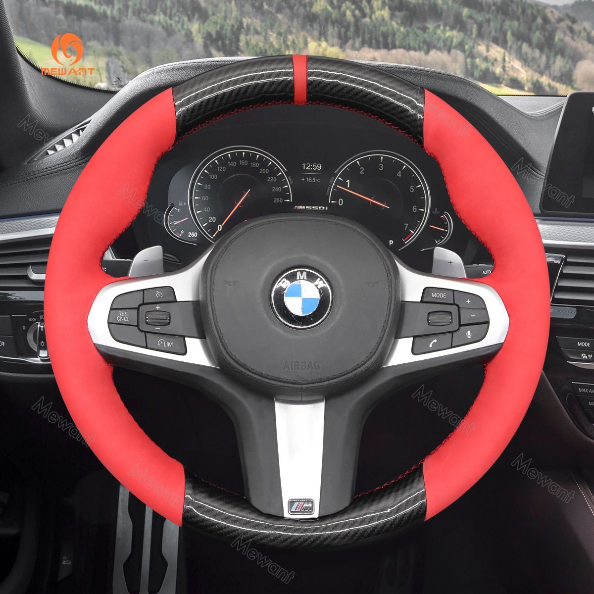 MEWANT Steering Wheel Cover for BMW G20 F44 G22 G26 G30 G32 G11 G14 G15 G16 G01 G02 G05 G06 G07 G29 2019 - 2021 - Alcantara, Leather, Carbon Fiber, Easy Install, Non - Slip, Best Steering Wheel Cover