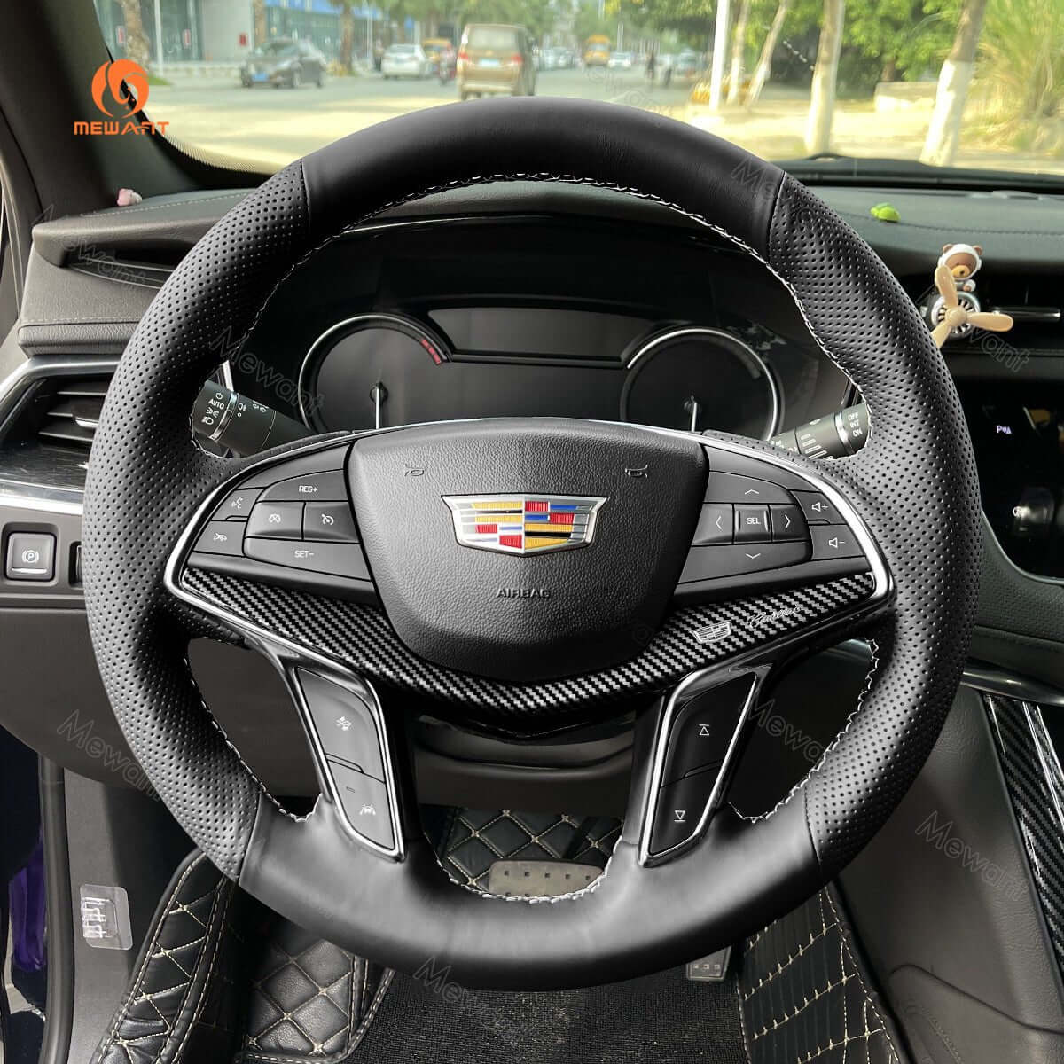MEWANT Steering Wheel Cover for Cadillac CT6 XT5 2016 - 2018 - Alcantara, Leather, Carbon Fiber, Easy Install, Non - Slip, Best Steering Wheel Cover