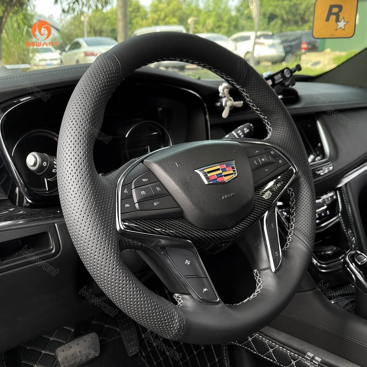 MEWANT Steering Wheel Cover for Cadillac CT6 XT5 2016 - 2018 - Alcantara, Leather, Carbon Fiber, Easy Install, Non - Slip, Best Steering Wheel Cover