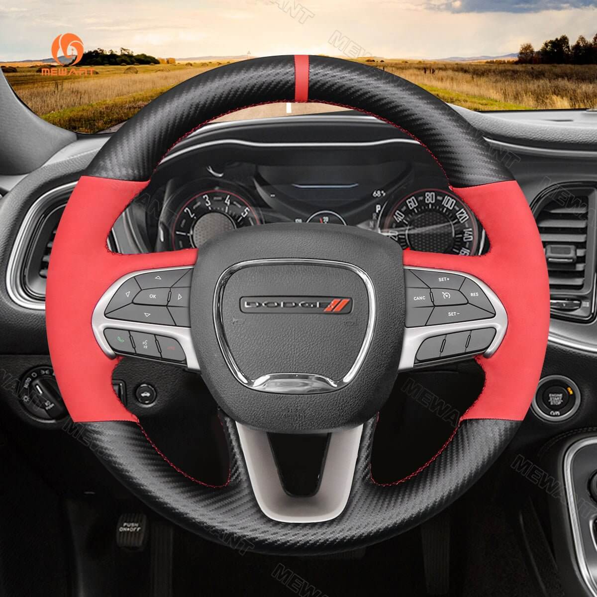 MEWANT Steering Wheel Cover for Dodge Challenger Charger Dodge Durango 2015 - 2021 - Alcantara, Leather, Carbon Fiber, Easy Install, Non - Slip, Best Steering Wheel Cover