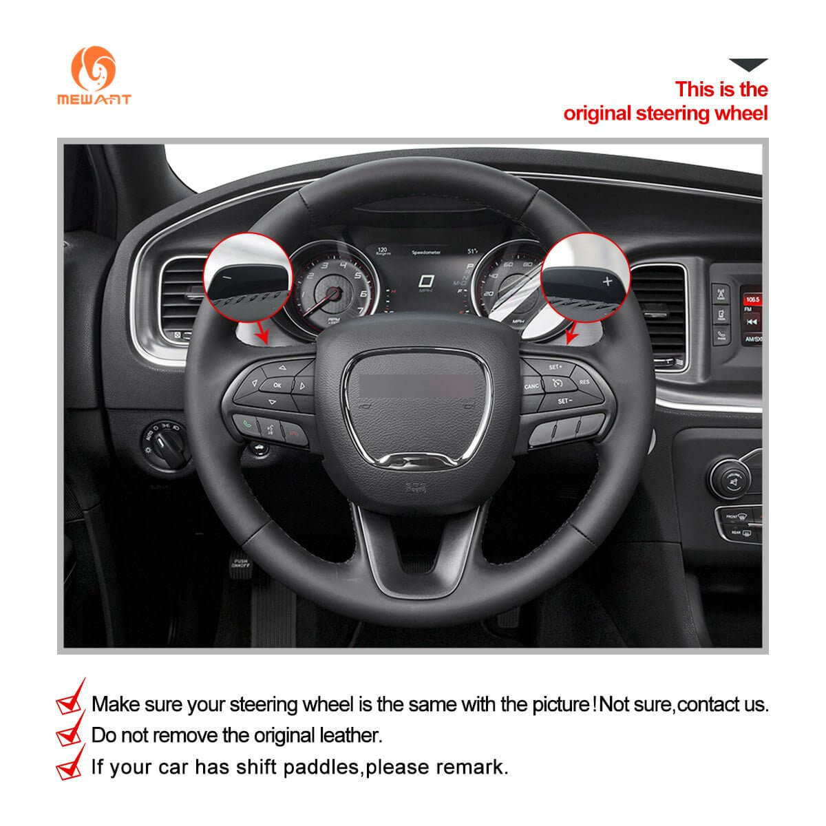 MEWANT Steering Wheel Cover for Dodge Challenger Charger Durango 2015 - 2023 - Alcantara, Leather, Carbon Fiber, Easy Install, Non - Slip, Best Steering Wheel Cover
