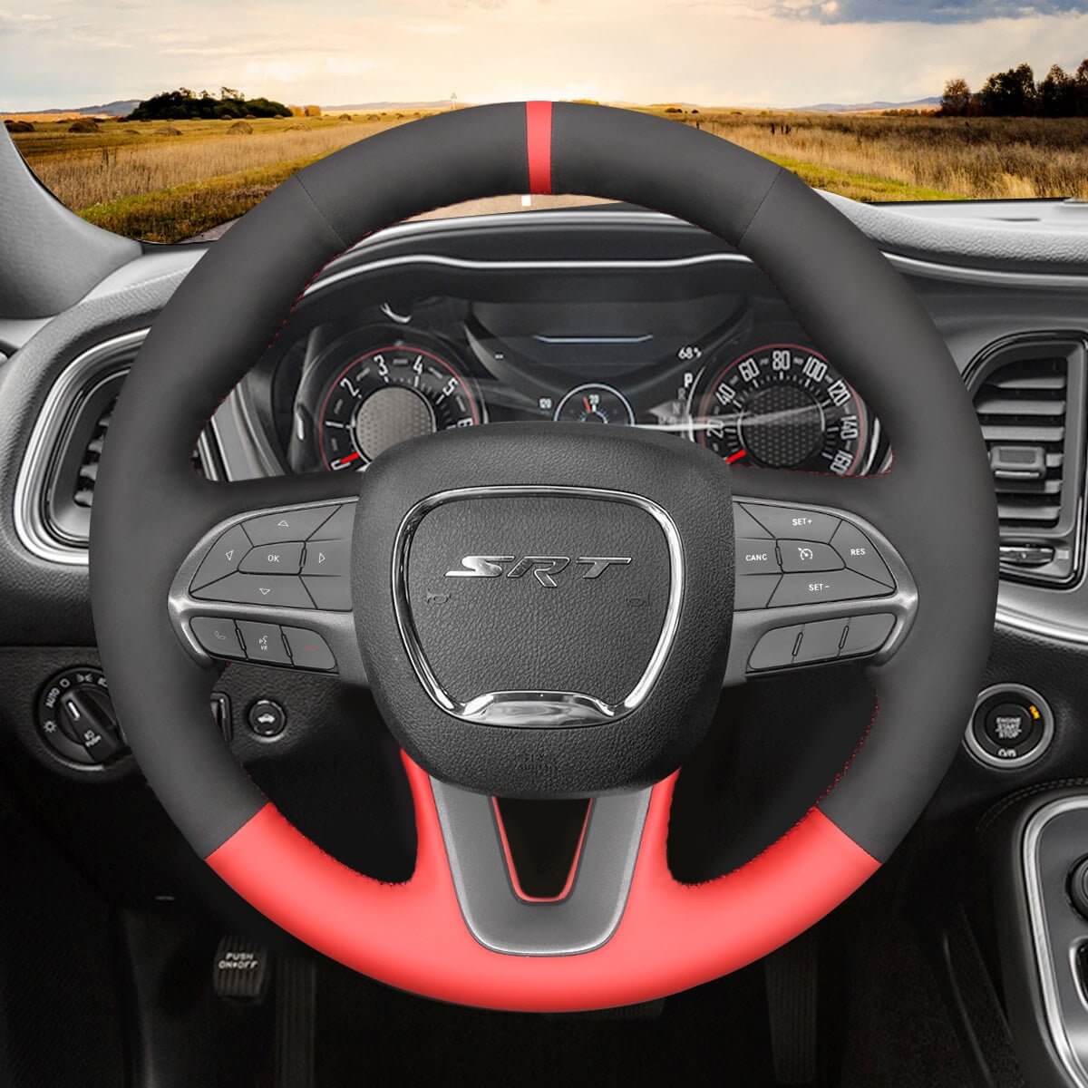 MEWANT Steering Wheel Cover for Dodge Challenger Charger Durango 2015 - 2023 - Alcantara, Leather, Carbon Fiber, Easy Install, Non - Slip, Best Steering Wheel Cover