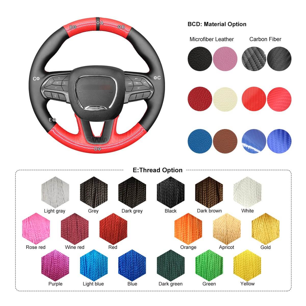MEWANT Steering Wheel Cover for Dodge Challenger Charger Durango 2018 - 2021 - Alcantara, Leather, Carbon Fiber, Easy Install, Non - Slip, Best Steering Wheel Cover