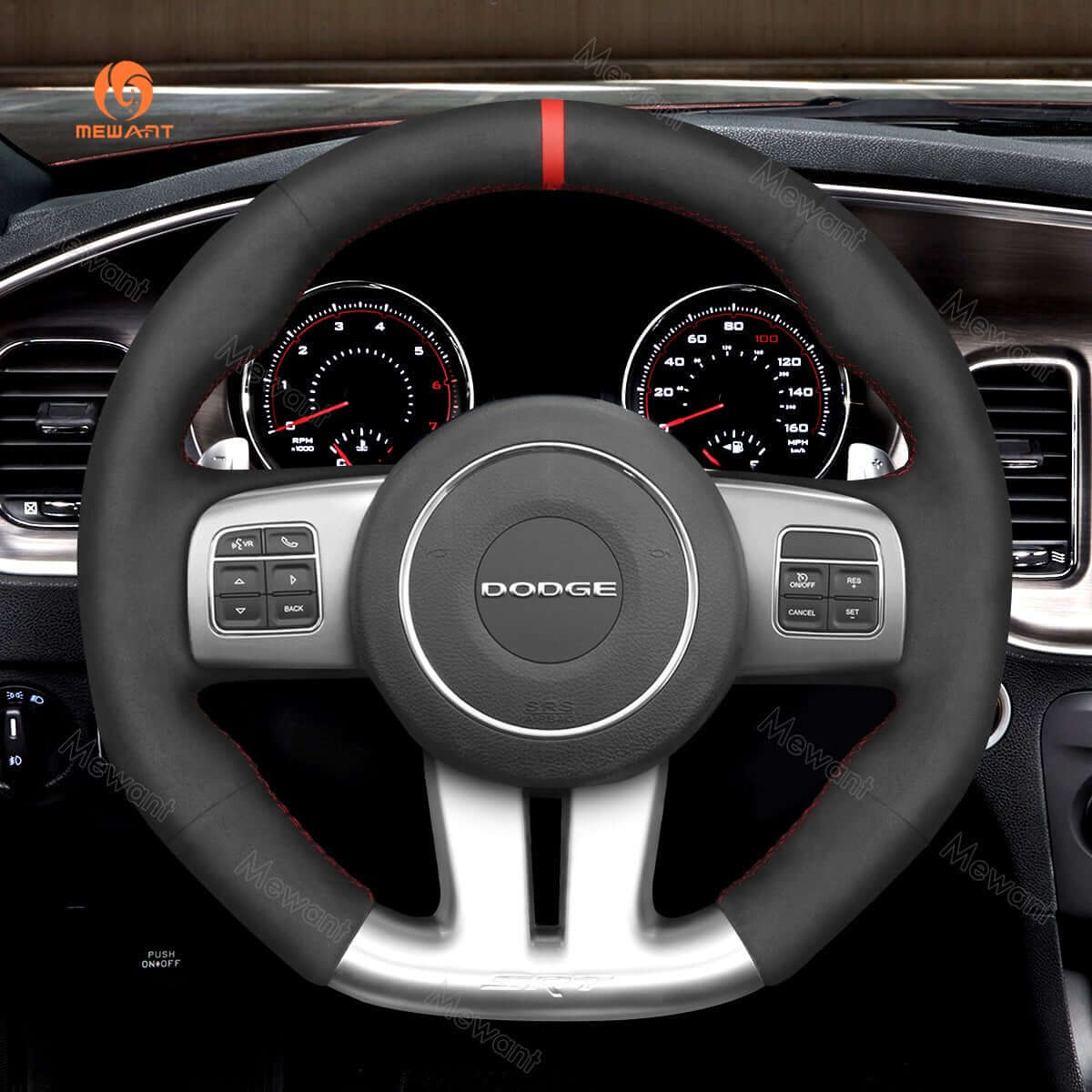MEWANT Steering Wheel Cover for Dodge / Jeep Challenger Charger Grand Cherokee SRT 2012 - 2014 - Alcantara, Leather, Carbon Fiber, Easy Install, Non - Slip, Best Steering Wheel Cover