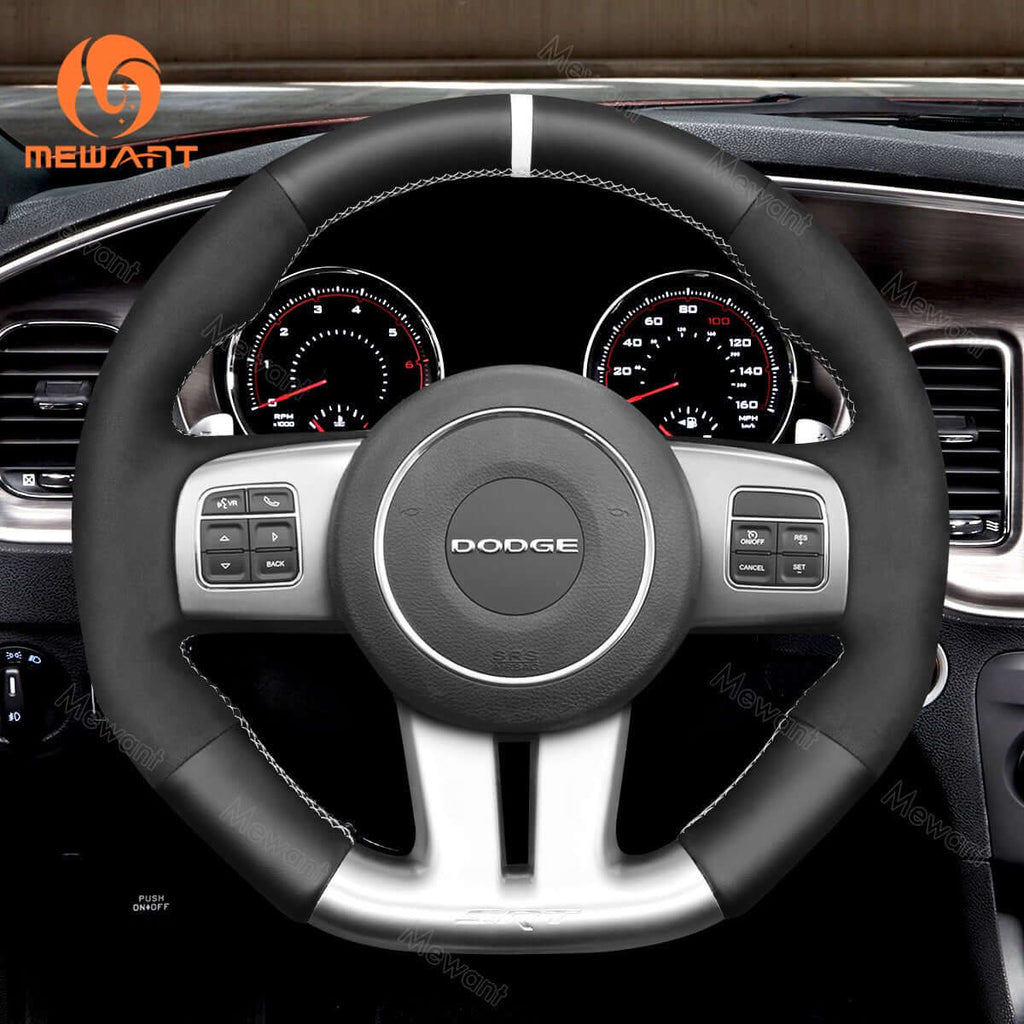MEWANT Steering Wheel Cover for Dodge / Jeep Challenger Charger Grand Cherokee SRT 2012 - 2014 - Alcantara, Leather, Carbon Fiber, Easy Install, Non - Slip, Best Steering Wheel Cover