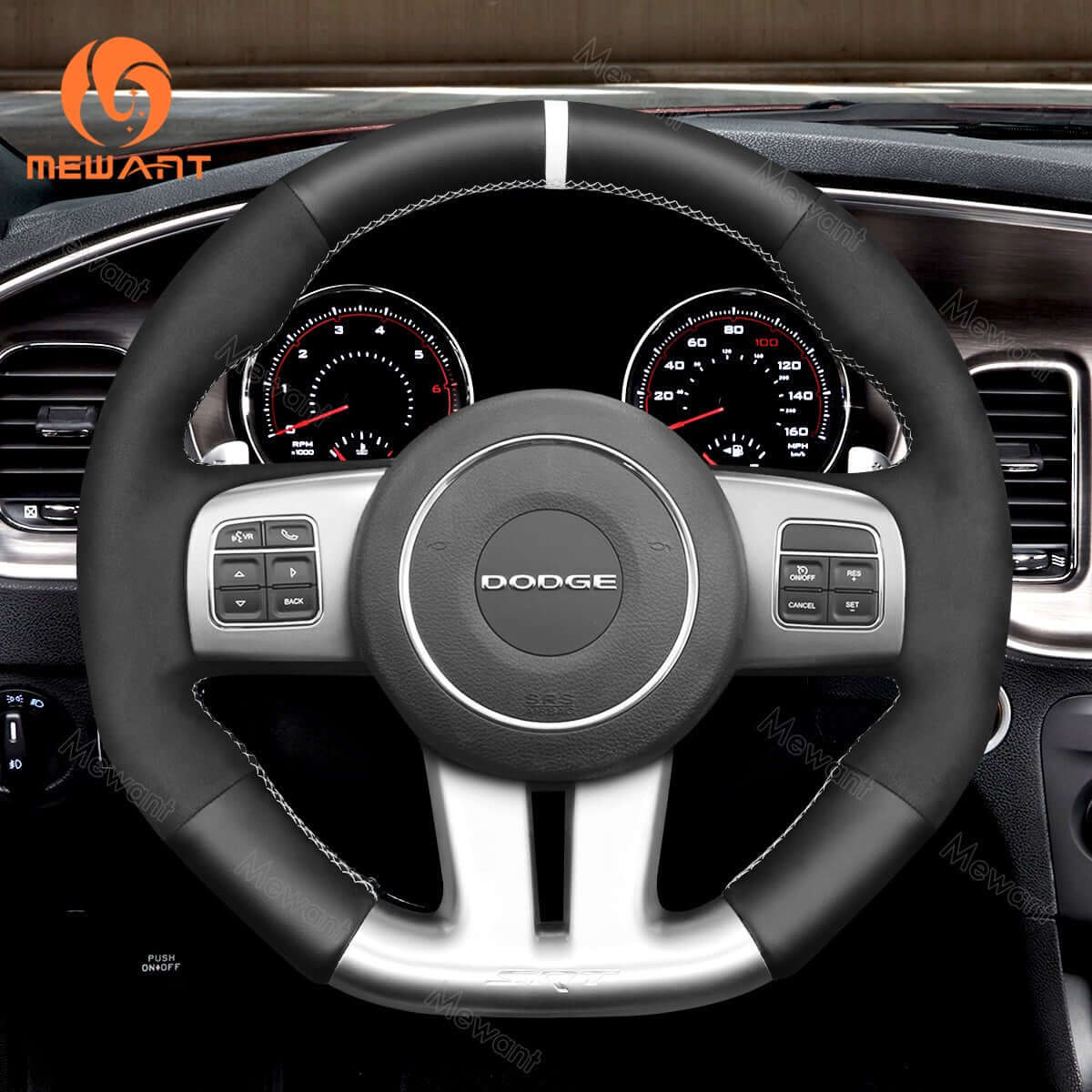 MEWANT Steering Wheel Cover for Dodge / Jeep Challenger Charger Grand Cherokee SRT 2012 - 2014 - Alcantara, Leather, Carbon Fiber, Easy Install, Non - Slip, Best Steering Wheel Cover