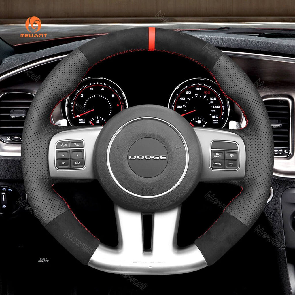 MEWANT Steering Wheel Cover for Dodge / Jeep Challenger Charger Grand Cherokee SRT 2012 - 2014 - Alcantara, Leather, Carbon Fiber, Easy Install, Non - Slip, Best Steering Wheel Cover