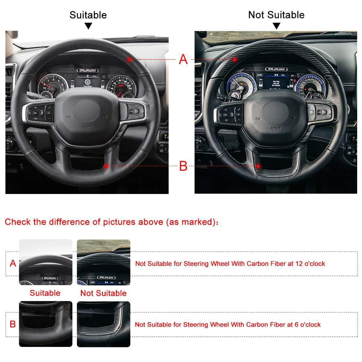 MEWANT Steering Wheel Cover for Dodge RAM 1500 2019 - 2023 - Alcantara, Leather, Carbon Fiber, Easy Install, Non - Slip, Best Steering Wheel Cover
