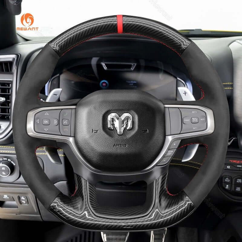 MEWANT Steering Wheel Cover for Dodge Ram 1500 TRX 2021 - 2024 - Alcantara, Leather, Carbon Fiber, Easy Install, Non - Slip, Best Steering Wheel Cover