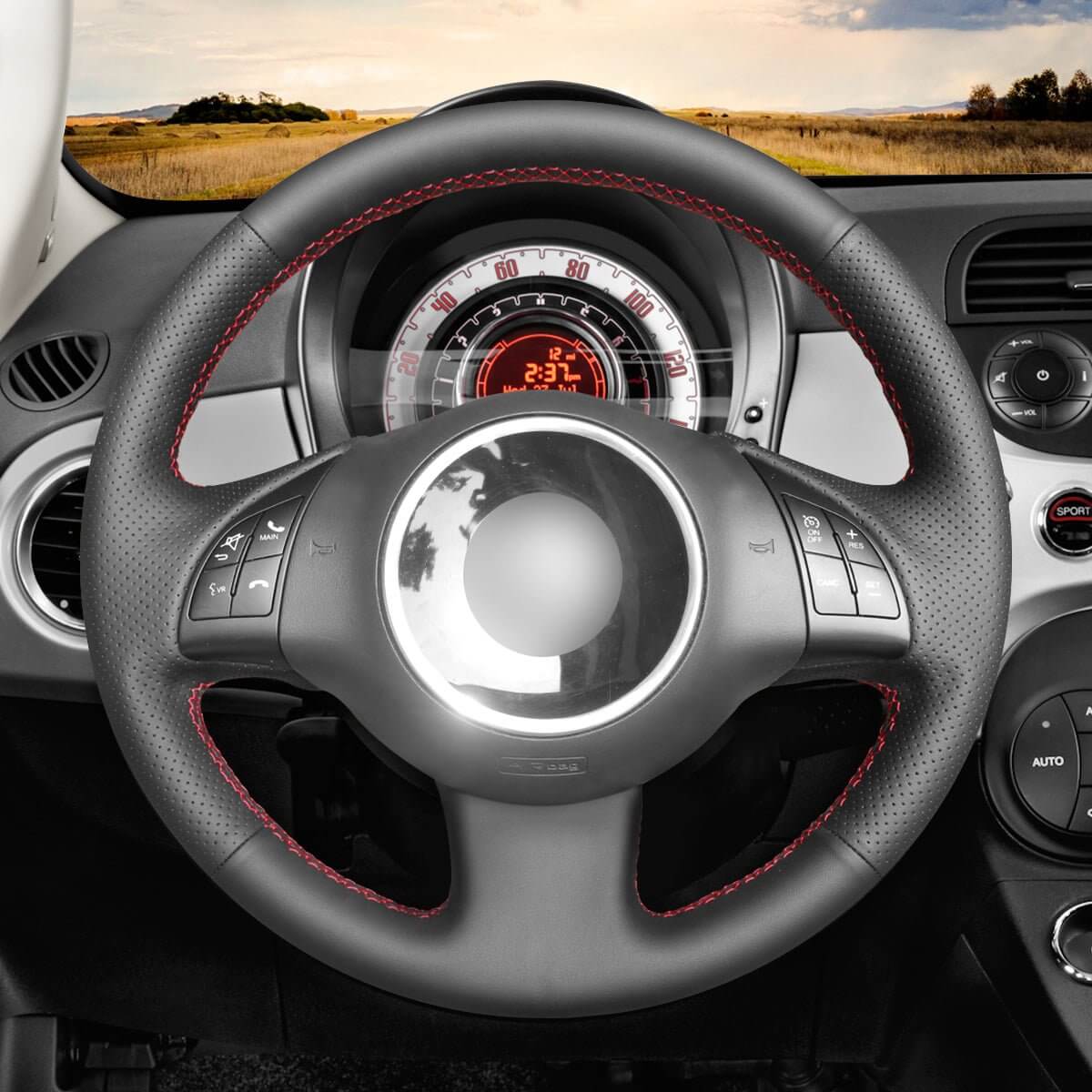 MEWANT Steering Wheel Cover for Fiat 500 2007 - 2015 Fiat 500e 2014 - 2018 Fiat 500C 2014 - 2017 - Alcantara, Leather, Carbon Fiber, Easy Install, Non - Slip, Best Steering Wheel Cover