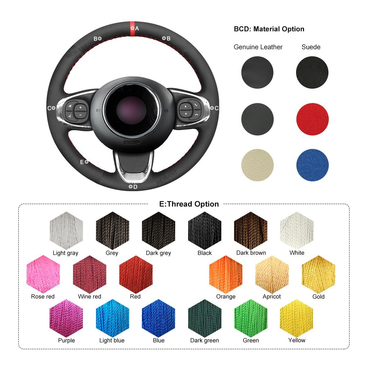MEWANT Steering Wheel Cover for Fiat 500 500C 2015 - 2021 - Alcantara, Leather, Carbon Fiber, Easy Install, Non - Slip, Best Steering Wheel Cover