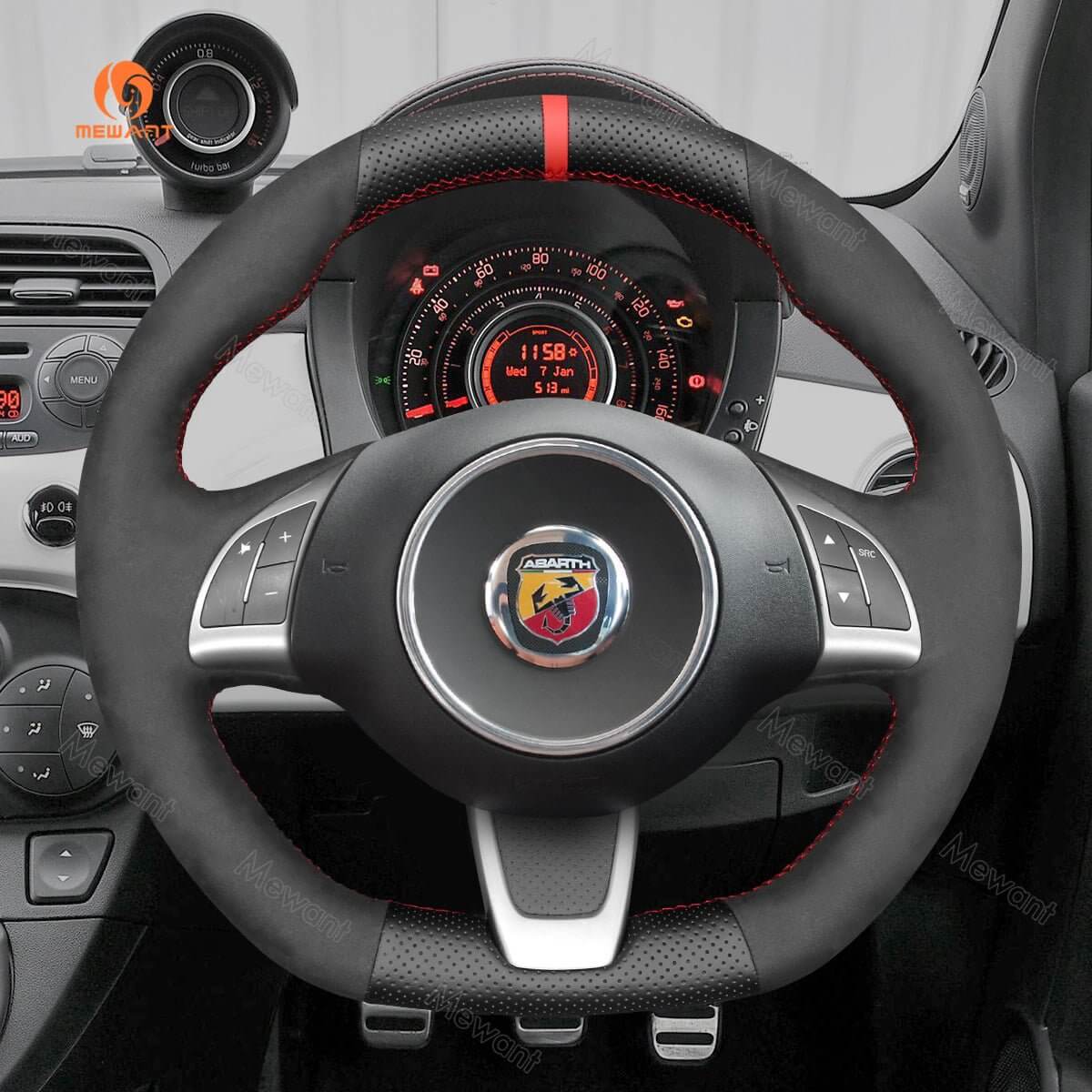 MEWANT Steering Wheel Cover for Fiat / Abarth 500 500C 595 595C 2013 - 2017 - Alcantara, Leather, Carbon Fiber, Easy Install, Non - Slip, Best Steering Wheel Cover